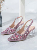 Zapatos Mary Jane de punta puntiaguda para mujer, tacón de cristal, color rosa con abertura y tacón alto.