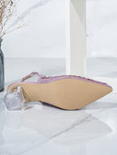 Zapatos Mary Jane de punta puntiaguda para mujer, tacón de cristal, color rosa con abertura y tacón alto.