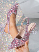 Zapatos Mary Jane de punta puntiaguda para mujer, tacón de cristal, color rosa con abertura y tacón alto.