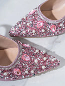 Zapatos Mary Jane de punta puntiaguda para mujer, tacón de cristal, color rosa con abertura y tacón alto.