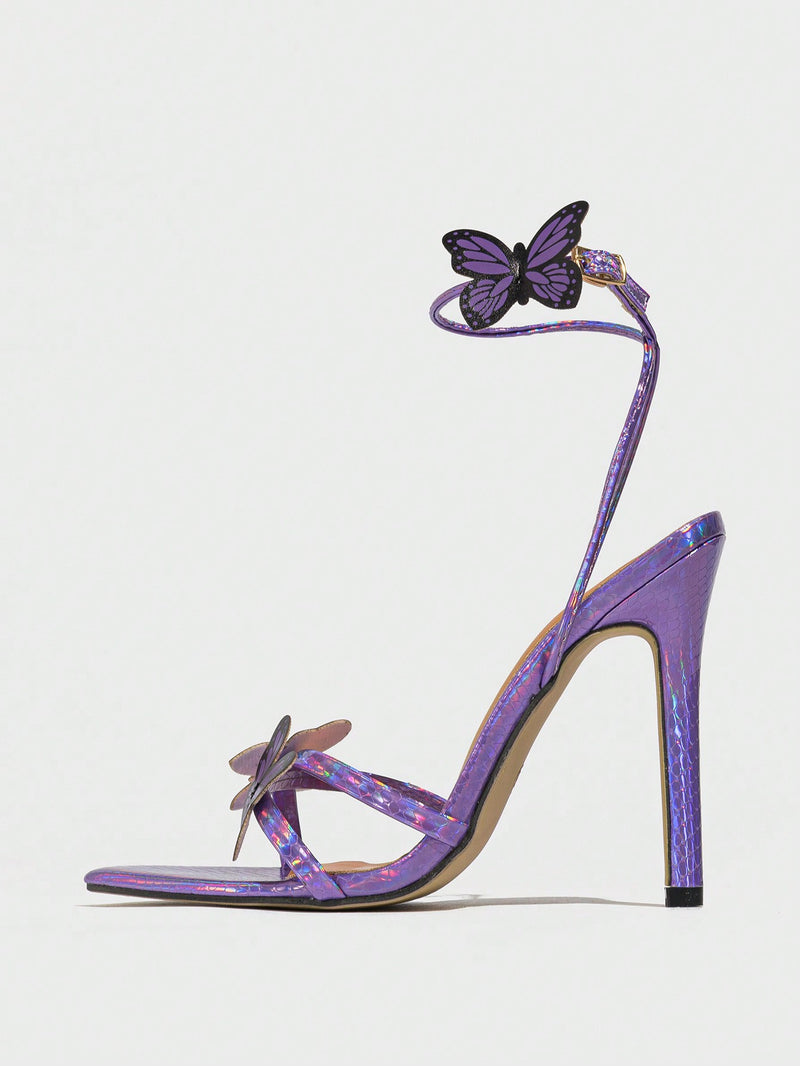 Women's Spring/Summer High Heels, High Fashion Cocktail, Outdoor Wear, Pointed Toe, Sparkling Butterfly Detail, Sexy Open Strap, Elegant Black High Heel Sandals