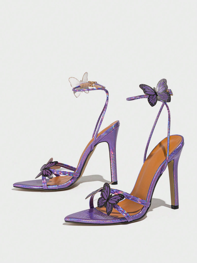 Women's Spring/Summer High Heels, High Fashion Cocktail, Outdoor Wear, Pointed Toe, Sparkling Butterfly Detail, Sexy Open Strap, Elegant Black High Heel Sandals
