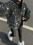 SHEIN Essnce Winter Fashion Sequin Padded Short Jacket for Women, Winter Thick Warm Velvet Travel Jacket, Winter Party Wear, New Year Outfit