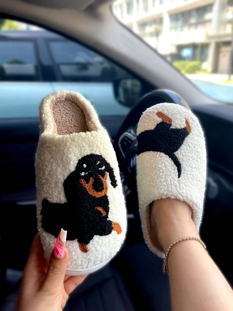 Pantuflas de perro salchicha, talla única, cálidas y peludas para mujer, pantuflas de felpa para el hogar.