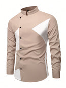 Camisa informal de manga larga con cuello alto y botones para hombre de Manfinity, con estampado de bloques de color, para uso diario, primavera y otoño