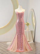 Rose Gold Sequined High Waist Backless Halter Mermaid Dresses for Teen Girls, Suitable for Birthday Party, Masquerade, Party, Holiday Celebration, Stage Performance Dresses, Dress