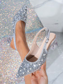 Zapatos Mary Jane de punta puntiaguda para mujer, tacón de cristal, color rosa con abertura y tacón alto.