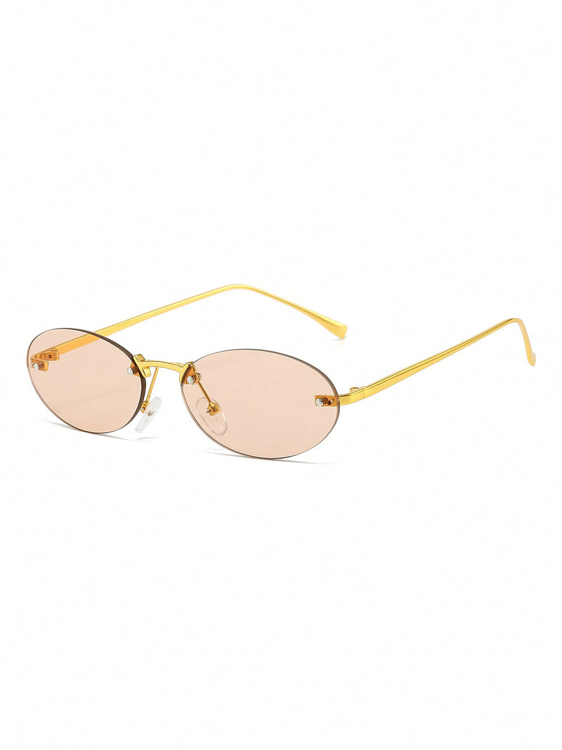 1 par de gafas graduadas con montura de metal ovalada, pequeñas y sin montura, estilo moderno, color champán, adecuadas para uso diario de mujer.
