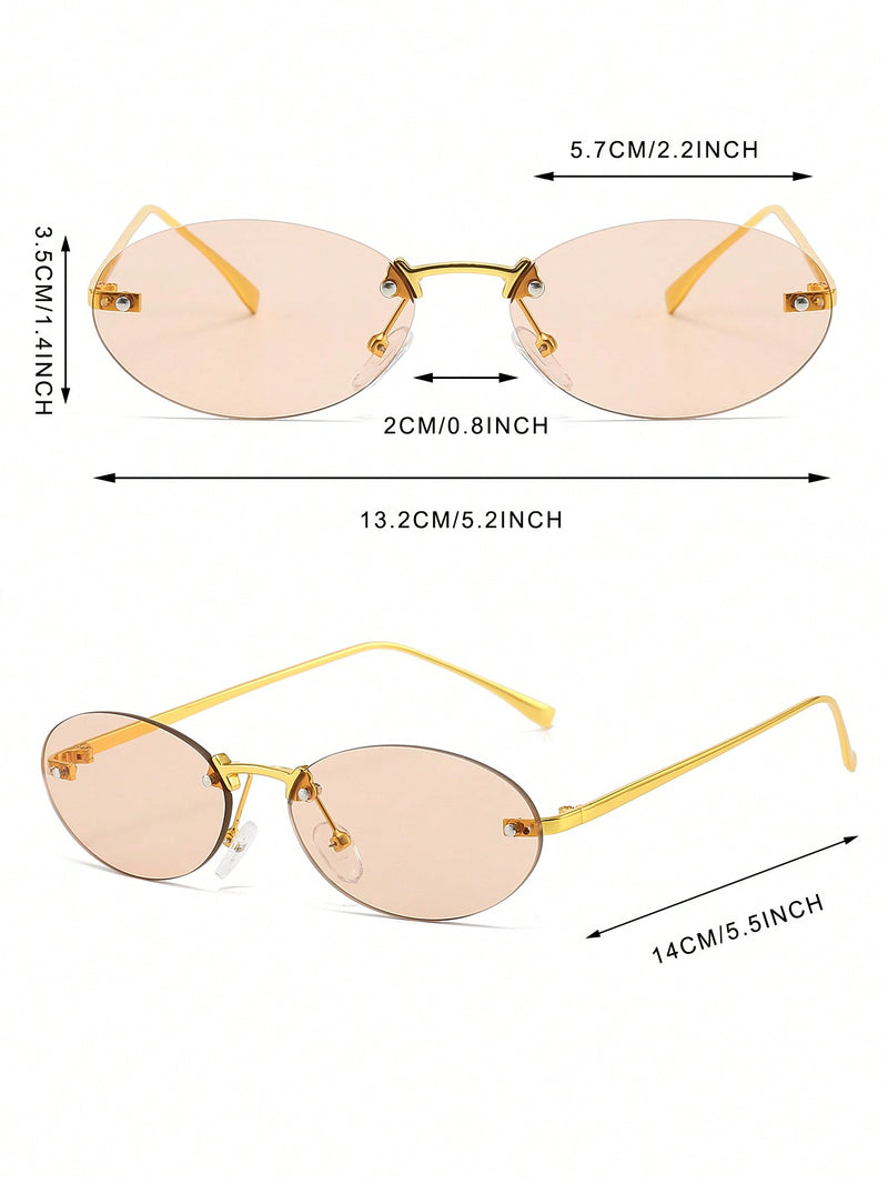 1 par de gafas graduadas con montura de metal ovalada, pequeñas y sin montura, estilo moderno, color champán, adecuadas para uso diario de mujer.