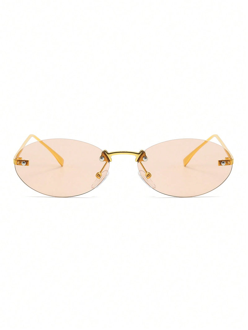 1 par de gafas graduadas con montura de metal ovalada, pequeñas y sin montura, estilo moderno, color champán, adecuadas para uso diario de mujer.