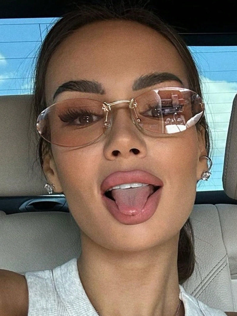 1 par de gafas graduadas con montura de metal ovalada, pequeñas y sin montura, estilo moderno, color champán, adecuadas para uso diario de mujer.