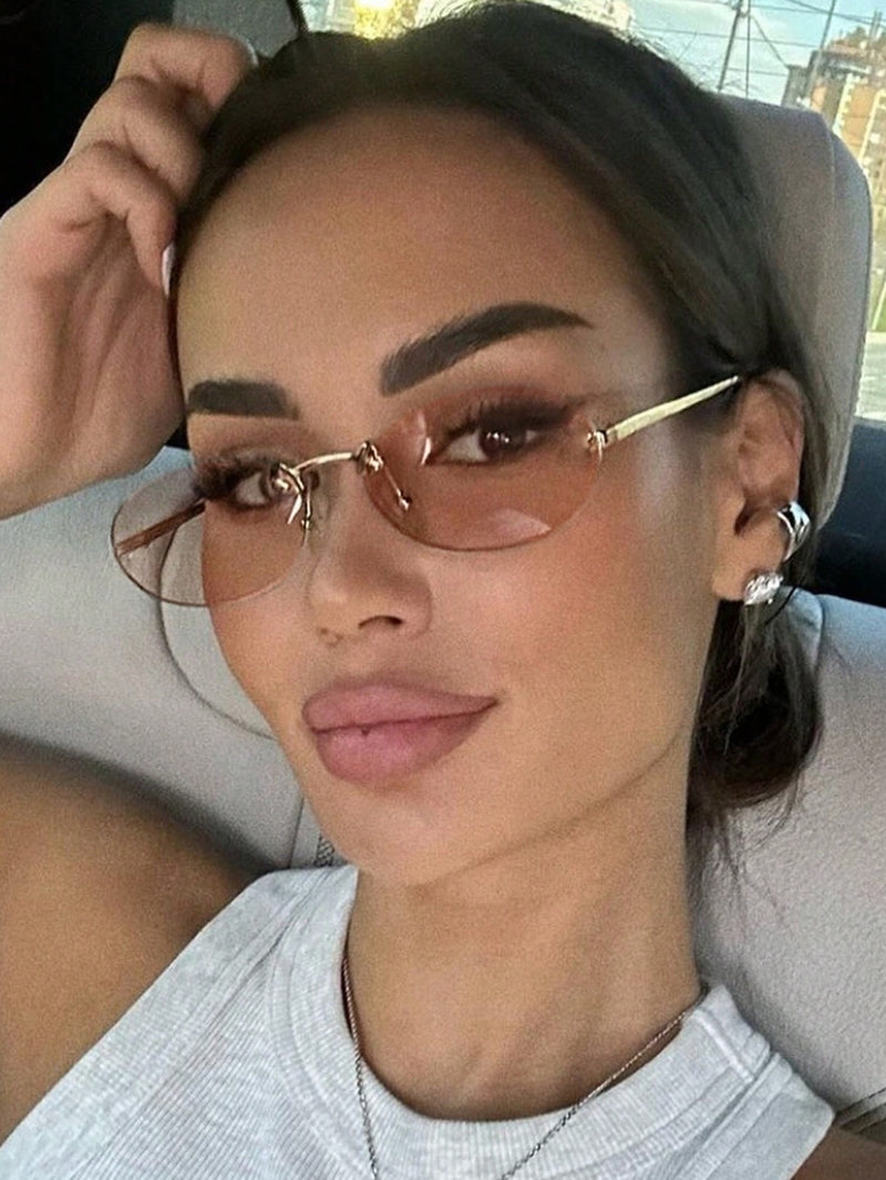 1 par de gafas graduadas con montura de metal ovalada, pequeñas y sin montura, estilo moderno, color champán, adecuadas para uso diario de mujer.