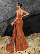 Faeriesty Sparkly Strapless Princess Neckline Long Dress with Side Draping and High Slit - Elegant Evening Dress for Spring Summer Formal Occasions | Perfect for Red Carpet, Gala, Wedding, Luxury Party, Vacation