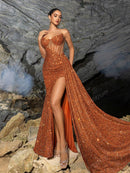 Faeriesty Sparkly Strapless Princess Neckline Long Dress with Side Draping and High Slit - Elegant Evening Dress for Spring Summer Formal Occasions | Perfect for Red Carpet, Gala, Wedding, Luxury Party, Vacation