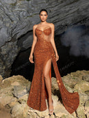 Faeriesty Sparkly Strapless Princess Neckline Long Dress with Side Draping and High Slit - Elegant Evening Dress for Spring Summer Formal Occasions | Perfect for Red Carpet, Gala, Wedding, Luxury Party, Vacation