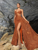 Faeriesty Sparkly Strapless Princess Neckline Long Dress with Side Draping and High Slit - Elegant Evening Dress for Spring Summer Formal Occasions | Perfect for Red Carpet, Gala, Wedding, Luxury Party, Vacation