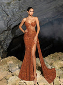 Faeriesty Sparkly Strapless Princess Neckline Long Dress with Side Draping and High Slit - Elegant Evening Dress for Spring Summer Formal Occasions | Perfect for Red Carpet, Gala, Wedding, Luxury Party, Vacation