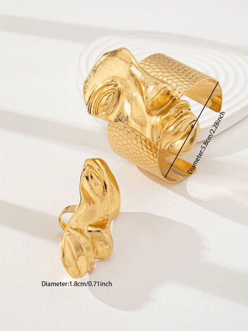 Conjunto de joyas de oro con diseño de máscara facial abstracta, pulsera y anillo anchos, conjunto de joyas de oro para mujer, conjunto de pulsera y anillo metálico extragrande, conjunto de anillo y pulsera a juego