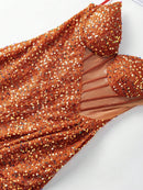 Faeriesty Sparkly Strapless Princess Neckline Long Dress with Side Draping and High Slit - Elegant Evening Dress for Spring Summer Formal Occasions | Perfect for Red Carpet, Gala, Wedding, Luxury Party, Vacation