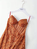 Faeriesty Sparkly Strapless Princess Neckline Long Dress with Side Draping and High Slit - Elegant Evening Dress for Spring Summer Formal Occasions | Perfect for Red Carpet, Gala, Wedding, Luxury Party, Vacation