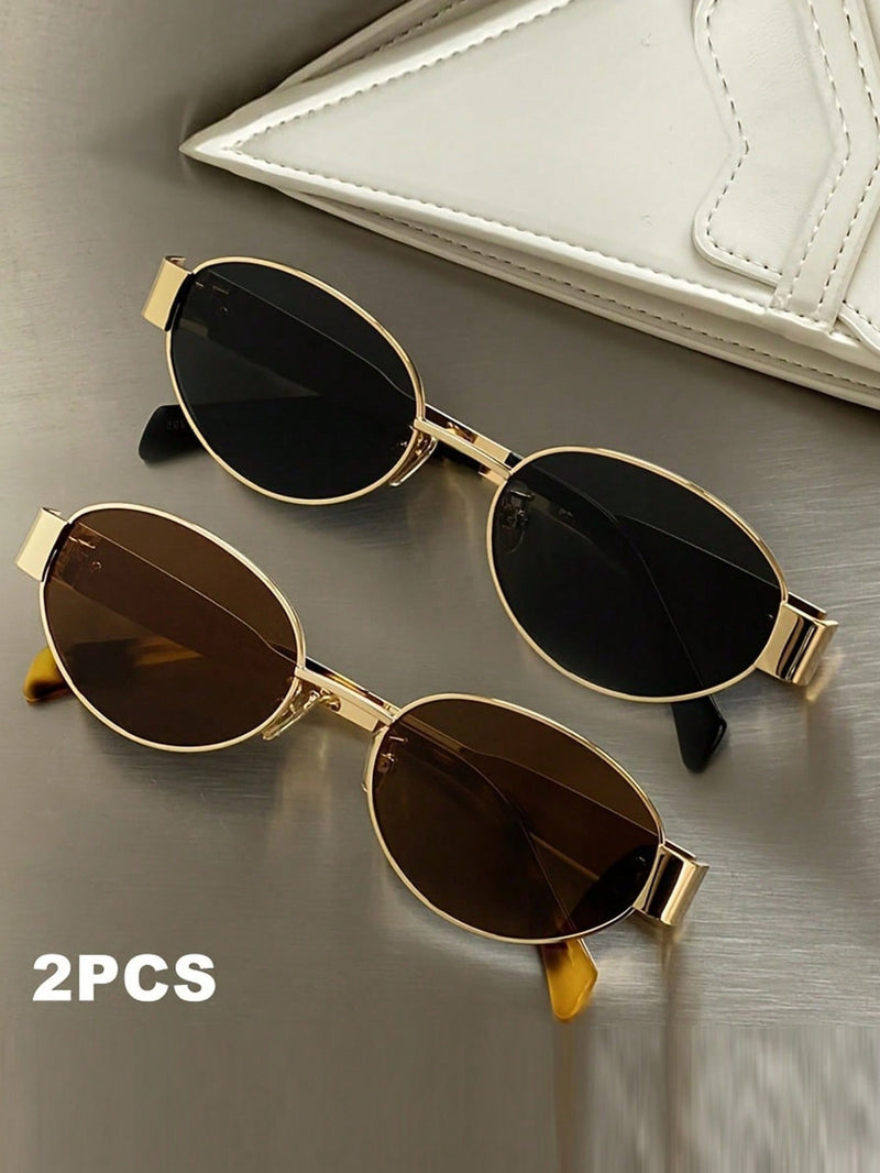 2 gafas de moda para mujer con montura metálica ovalada, ideales para uso diario y actividades al aire libre.