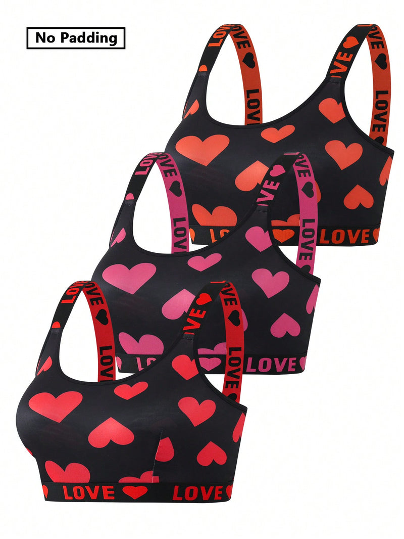 Conjunto de 3 sujetadores sin aros de talla grande para mujer con estampado de corazones y letras