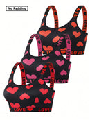 Kit 3 Sutiãs Plus Size – Sem Arame, com Estampa de Corações e Frases Delicadas