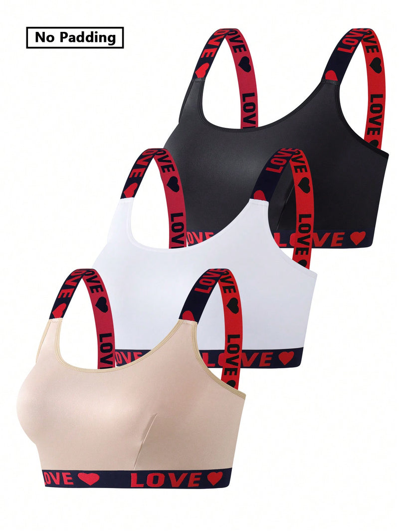 Conjunto de 3 sujetadores sin aros de talla grande para mujer con estampado de corazones y letras