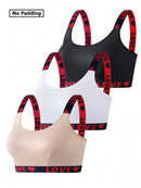 Kit 3 Sutiãs Plus Size – Sem Arame, com Estampa de Corações e Frases Delicadas