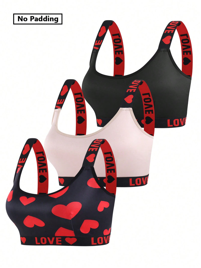 Conjunto de 3 sujetadores sin aros de talla grande para mujer con estampado de corazones y letras