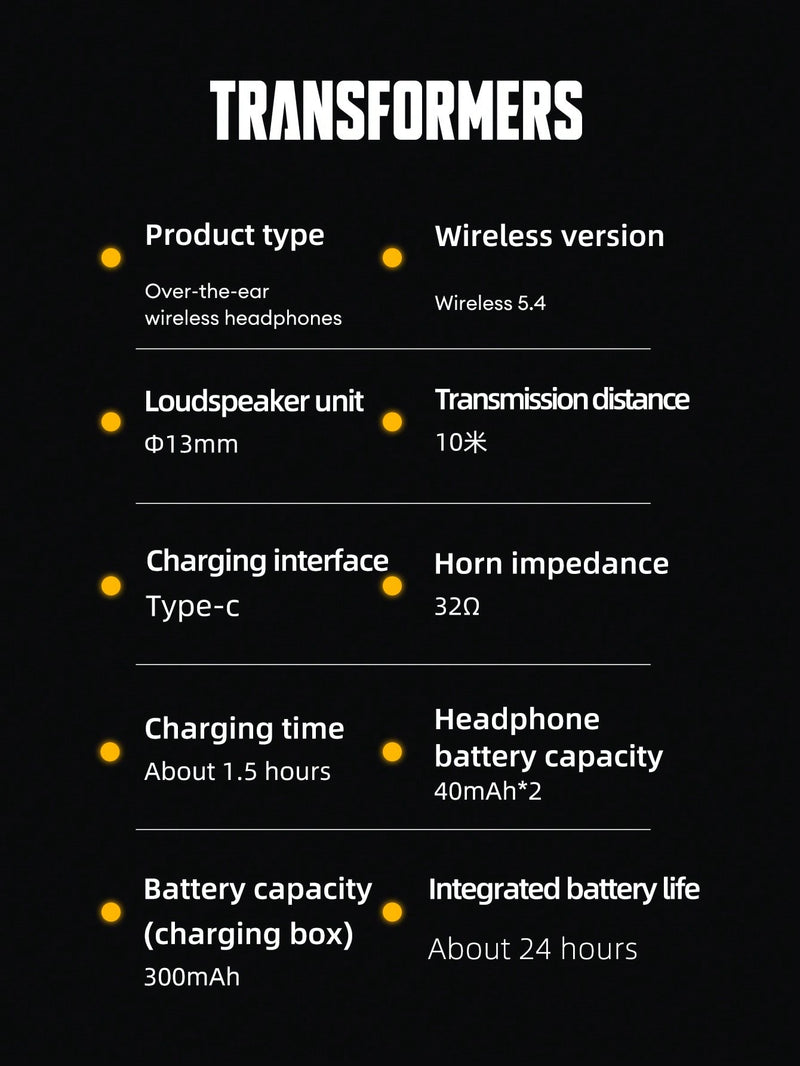 Auriculares Bluetooth TRANSFORMERS TF-T59 Bumblebee, sonido envolvente de 360°, cancelación de ruido, llamadas HD, batería de larga duración, modo de juego de baja latencia, diadema, portátiles, inalámbricos.