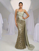 Glamrae Elegant and Romantic Green Strapless Satin Sequin Patchwork Cocktail Dress, Bodycon Fit and Flare with Side Draping