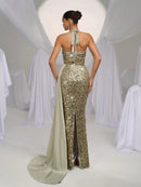 Glamrae Elegant and Romantic Green Strapless Satin Sequin Patchwork Cocktail Dress, Bodycon Fit and Flare with Side Draping