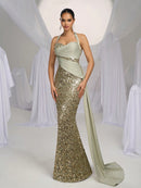 Glamrae Elegant and Romantic Green Strapless Satin Sequin Patchwork Cocktail Dress, Bodycon Fit and Flare with Side Draping