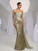 Glamrae Elegant and Romantic Green Strapless Satin Sequin Patchwork Cocktail Dress, Bodycon Fit and Flare with Side Draping