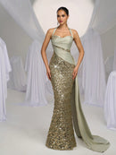 Glamrae Elegant and Romantic Green Strapless Satin Sequin Patchwork Cocktail Dress, Bodycon Fit and Flare with Side Draping