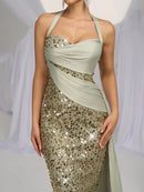 Glamrae Elegant and Romantic Green Strapless Satin Sequin Patchwork Cocktail Dress, Bodycon Fit and Flare with Side Draping