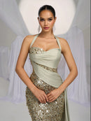 Glamrae Elegant and Romantic Green Strapless Satin Sequin Patchwork Cocktail Dress, Bodycon Fit and Flare with Side Draping