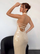 Aloruh Elegant Champagne Long Dress with Sequin, Halter Neck, Open Back, Tie Up and High Slit for Women