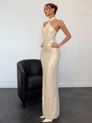 Aloruh Elegant Champagne Long Dress with Sequin, Halter Neck, Open Back, Tie Up and High Slit for Women
