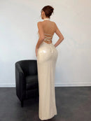 Aloruh Elegant Champagne Long Dress with Sequin, Halter Neck, Open Back, Tie Up and High Slit for Women