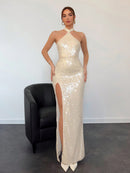 Aloruh Elegant Champagne Long Dress with Sequin, Halter Neck, Open Back, Tie Up and High Slit for Women