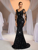 Vestido Preto em Renda – Costas Abertas, Manga Longa e Bordado Floral