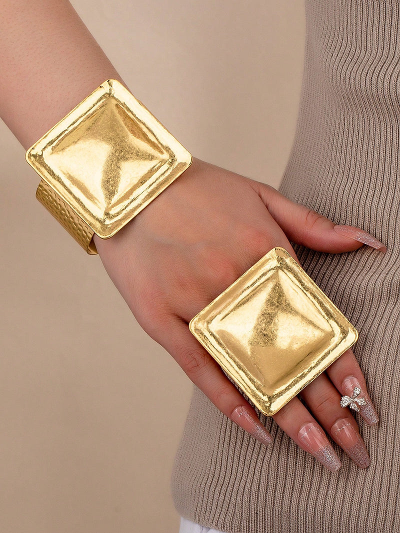 Conjunto de joyas de oro con diseño de máscara facial abstracta, pulsera y anillo anchos, conjunto de joyas de oro para mujer, conjunto de pulsera y anillo metálico extragrande, conjunto de anillo y pulsera a juego