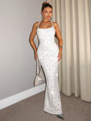 SHEIN BAE Black Crystal Prom Dress Elegant Rhinestone Decorated for Women, Suitable for Casual Dating, Clubbing, Party, Cocktail Party, Homecoming, Versatile Fall Look