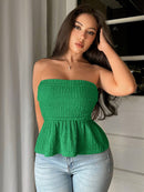 SHEIN Privé Women's blouse featuring beaded detailing, strapless design, umbrella hem, textured fabric and ruffles for a chic look