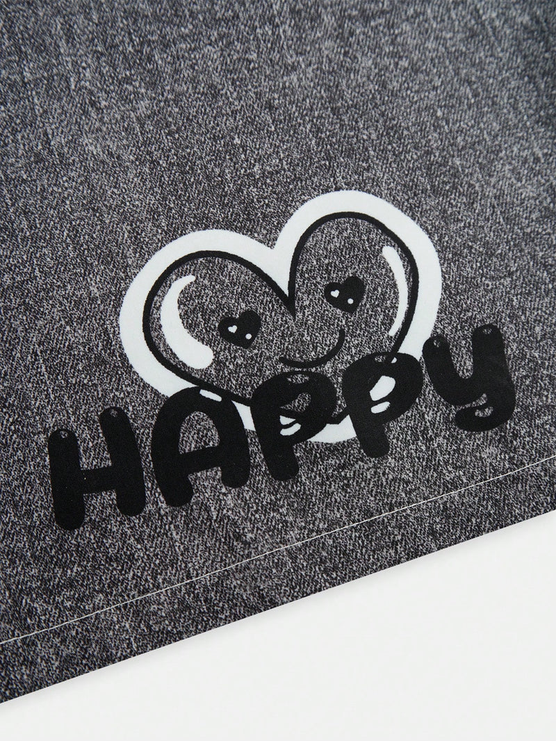 Conjunto Streecool Kids de 2 piezas, estilo urbano informal para adolescentes, con estampado de grafiti, efecto vaquero, pantalones anchos y chaleco de punto cruzado, conjunto básico.