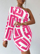 Vestido Casual com Manga Bufante e Estampa Geométrica