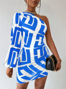 Vestido Casual com Manga Bufante e Estampa Geométrica