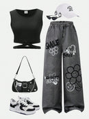 Conjunto Streecool Kids de 2 piezas, estilo urbano informal para adolescentes, con estampado de grafiti, efecto vaquero, pantalones anchos y chaleco de punto cruzado, conjunto básico.